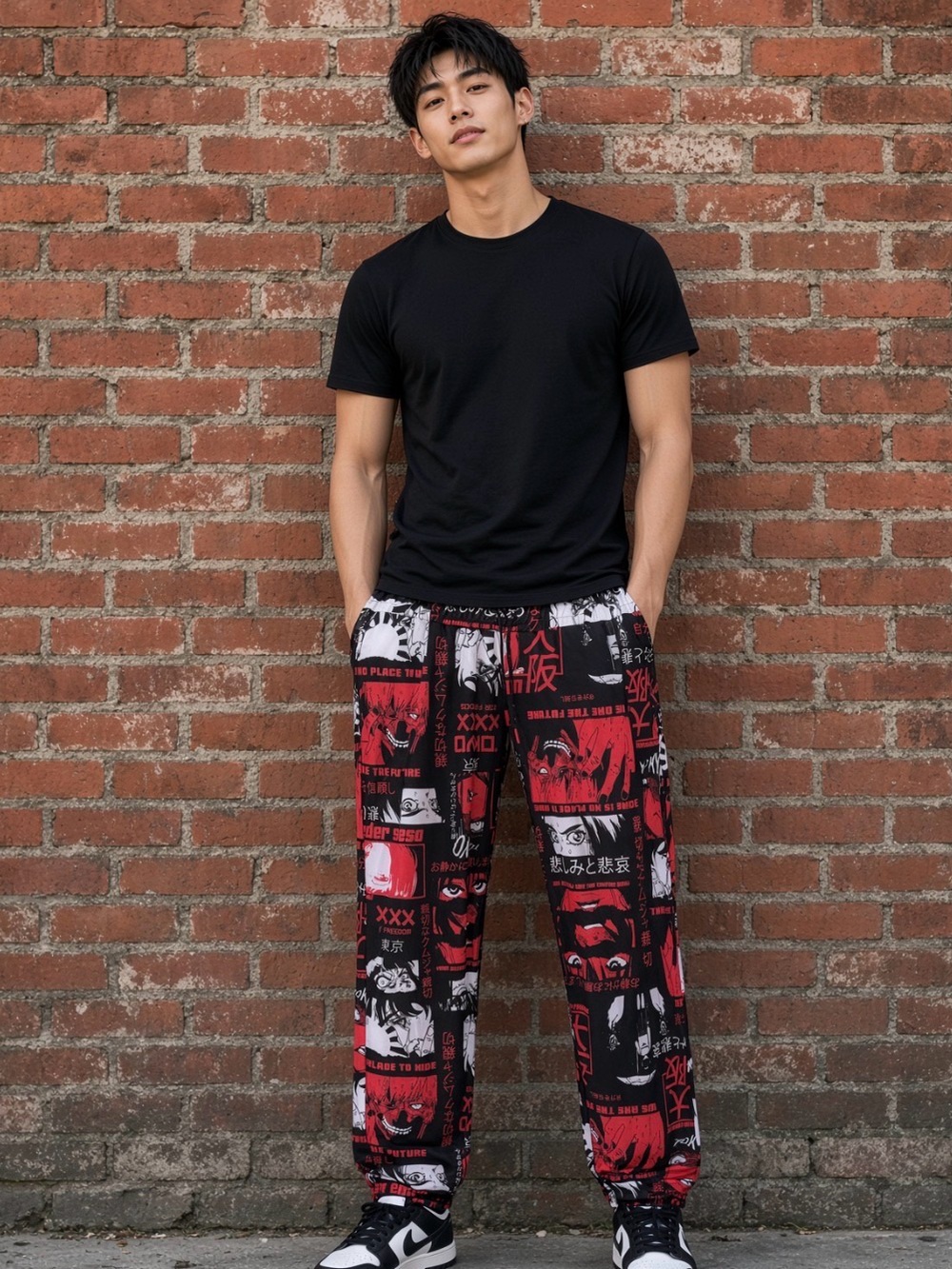 Men's Black & Red anime Graphic Jogger Pants sz L